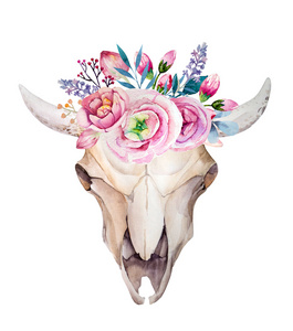 有鲜花和羽毛的水彩牛头骨。波西米亚风格设计