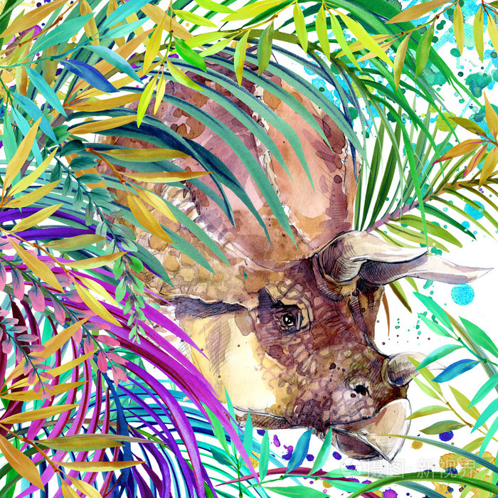 恐龙的水彩画.恐龙,充满异国情调的热带森林背景图恐龙.水彩背景.