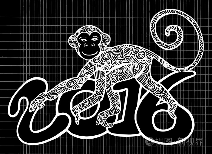 手绘涂鸦新年卡与猴子