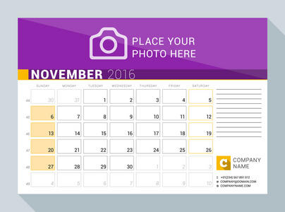 2016 年的日历日程备忘录。11 月。矢量打印模板与地方为照片 徽标和联系信息。周从星期日开始。注意到的地方与周数的日历网格