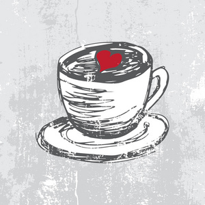 手拉的杯咖啡和心的形状
