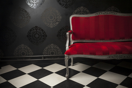 红色的仿古椅子 ob 黑色和白色地板