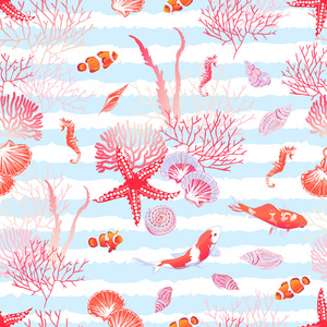 海洋自然与鱼类 红星 贝壳 海马，藻类缝
