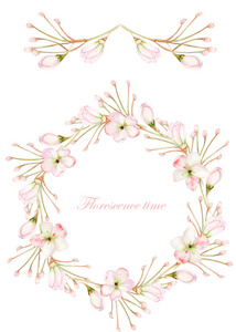 框架边花环和花圈的粉红色盛开的花朵