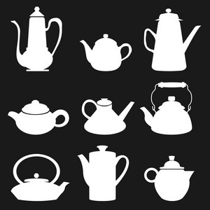 茶咖啡图标黑色剪影水壶不同复古设置矢量图