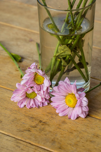 淡粉色的花，木制的桌子上