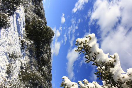 雪域景观与蓝蓝的天空和洁白的云朵