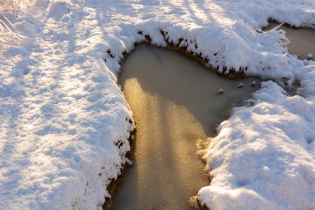 冰冻的池塘在雪中