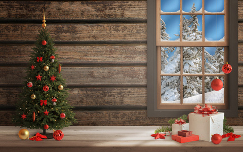 圣诞节场景与树 装饰 灯 饰品 球 礼品
