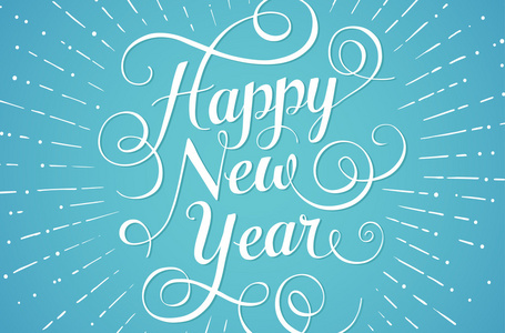 白色的贺卡在蓝色背景上刻字快乐新的一年。矢量图