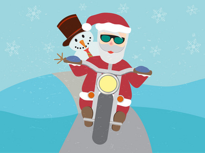 复古圣诞老人骑摩托车与雪人平