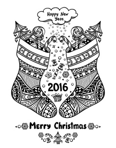 礼包在禅宗涂鸦风格的黑白色的圣诞节股票