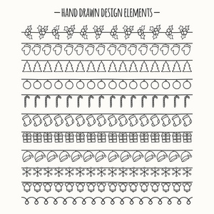一整套 2016年圣诞季节手绘制的矢量线条型边框和素描涂鸦冬季设计图形元素。新的一年刷设计。插图。时尚涂鸦风格。剪贴簿装饰
