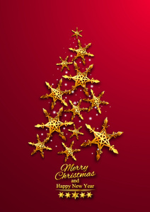 圣诞节和新年的红色背景与圣诞树由金色雪花图片