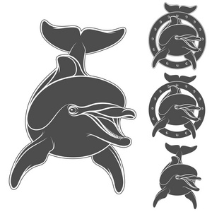 与海豚的标志的标志集。隔离的对象
