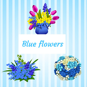 三个花束在蓝色和彩色的花