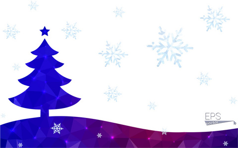 蓝色 红色的明信片低多边形风格圣诞树矢量图由三角形组成。抽象的多边形折纸或水晶设计新的一年的庆祝活动。白色背景上孤立
