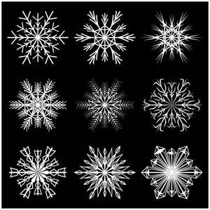 雪花矢量符号轮廓设计。黑色背景上孤立的圣诞冬季图标图