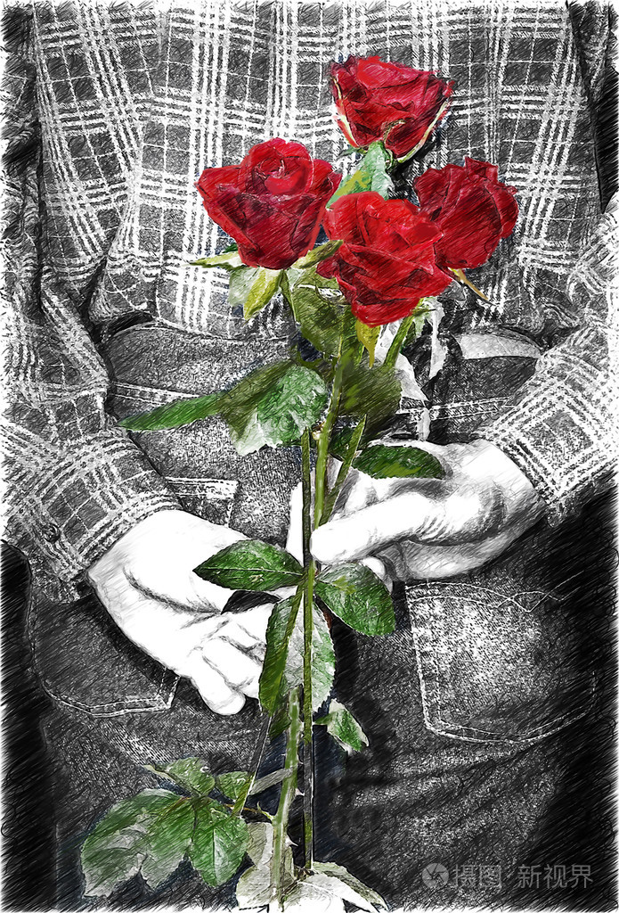 男人藏在他背后的花束