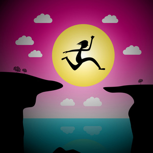 跳过悬崖矢量卡通男人或女人飞跃的夕阳的天空与海洋和海照片