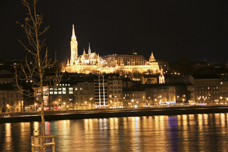 晚上在布达佩斯，匈牙利的皇家宫殿和多瑙河河