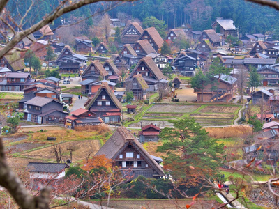 历史文化村镇的白川乡的鸟瞰图