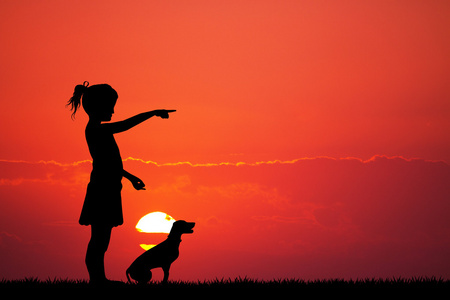 小狗是在日落女孩和小狗是在日落照片