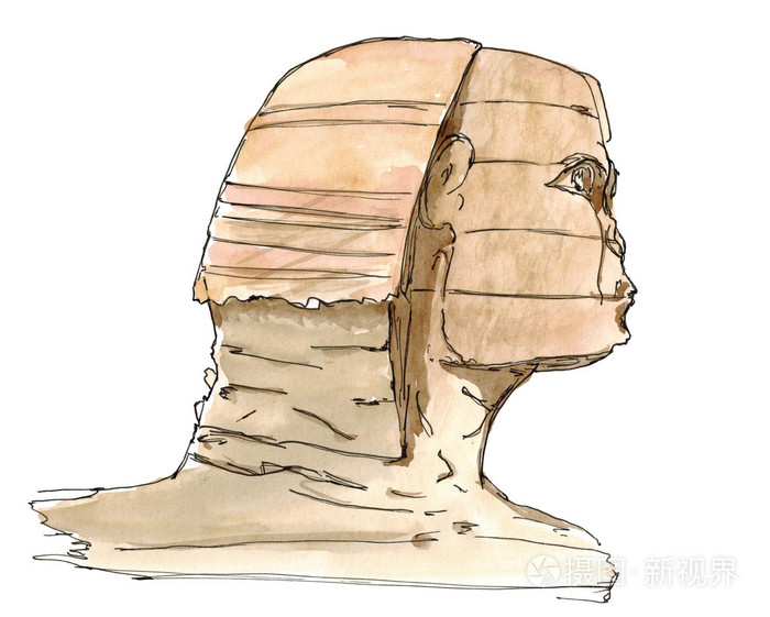 水彩手绘素描狮身人面像吉萨,埃及上白色孤立