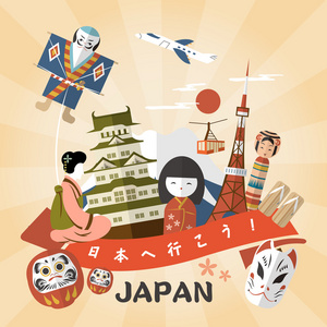 创意日本旅行海报可爱的卡通艺妓与日本旅游元素冬季日本的彩色图标