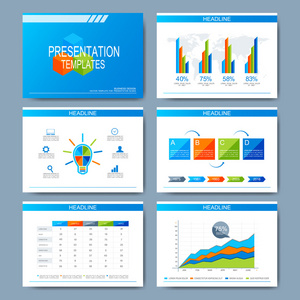 演示文稿幻灯片的矢量模板集。现代设计与图形和图表