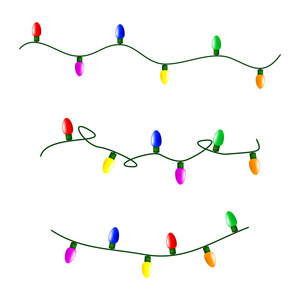 圣诞灯泡字符串向量符号集，图标设计。孤立在白色背景上的冬天图