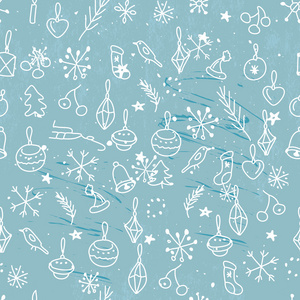 无缝浅蓝色图案与传统圣诞元素。