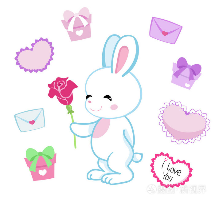 贺卡可爱的卡通兔子与多个礼物
