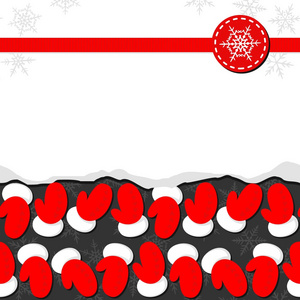 圣诞老人圣诞冬季假期无缝模式与水平行与空白撕碎的纸片，用深色背景上的红色手套地方为您的文本和红丝带和雪花徽章