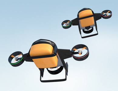 两个无人驾驶飞机在天空中飞翔。无人机有可以垂直抬起的混合模式和飞行像正常的飞机