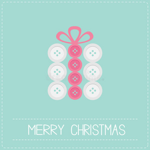 白色粉色纽扣制成的礼品盒。appligue dash line圣诞快乐卡平面设计