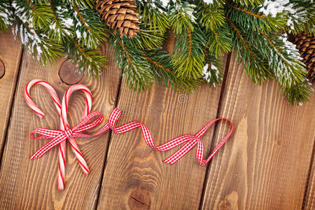 圣诞背景与雪杉树和糖果手杖