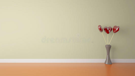 奶油色墙壁和橙色地板房间里有花瓶的心形玩具