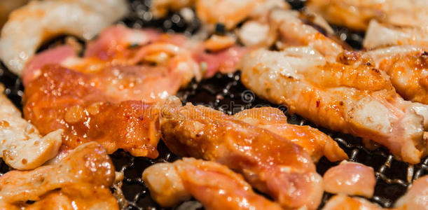 鱼肉搭配韩式烤肉特写照片