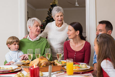 快乐的一家人在圣诞晚餐上聊天
