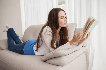漂亮的黑发女人在沙发上看书
