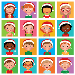 戴圣诞帽的男孩和女孩的图标集肖像照片