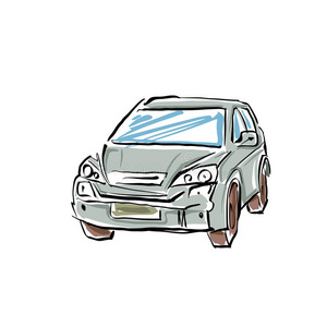 白色背景的彩色手绘汽车，插图轿车。