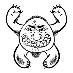 愤怒的卡通怪物,黑白线矢量插图照片