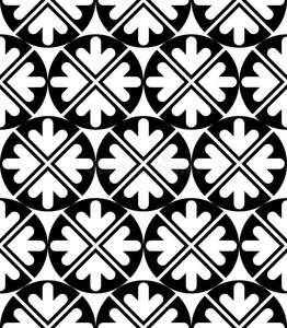 未来主义黑白非凡的几何无缝图案与对称的圆圈和箭头。对比度连续