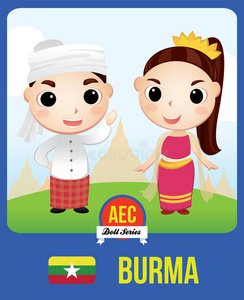 服装的 12 个字符的集合不同种族的东南亚人柬埔寨平面卡通历史景象图