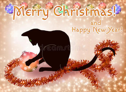有黑猫的圣诞和新年贺卡