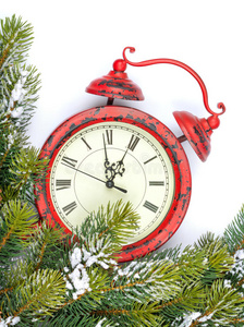 圣诞背景与时钟，雪杉树