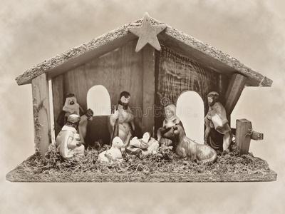 圣诞耶稣诞生场景管理器，雕像包括耶稣，玛丽，约瑟夫，绵羊和麦琪乌贼