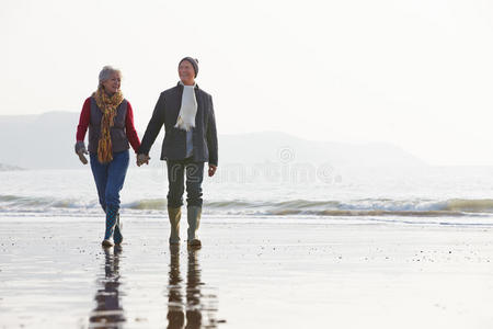 一对老夫妇沿着冬天的海滩散步